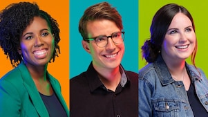 Young female with blonde hair, with a mosaic of images surrounding her.