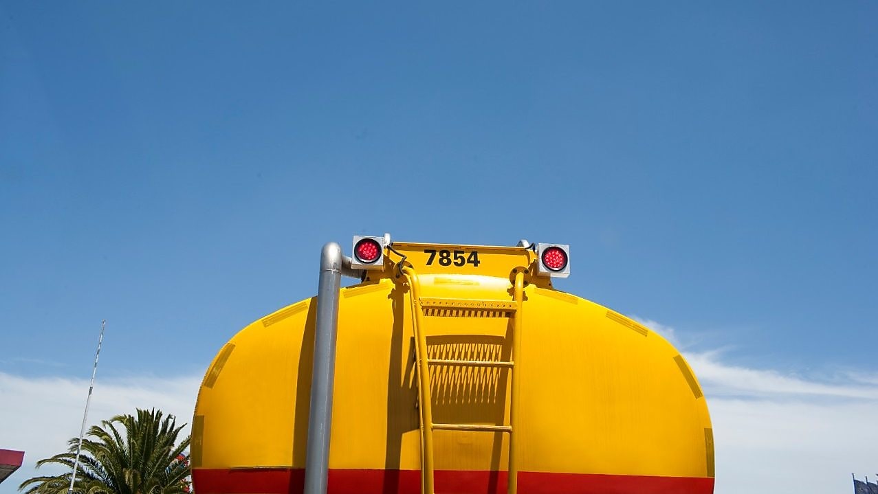 Rear view of a Shell yellow tanker