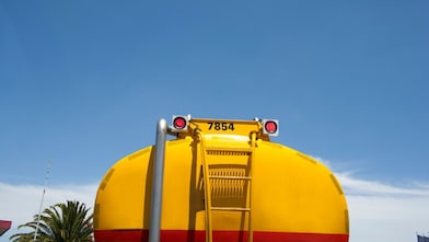 Rear view of a Shell yellow tanker