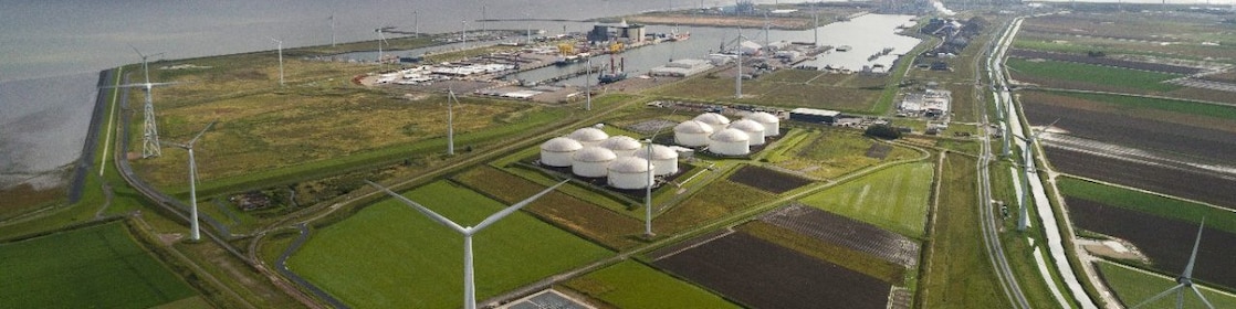 Windmills on field