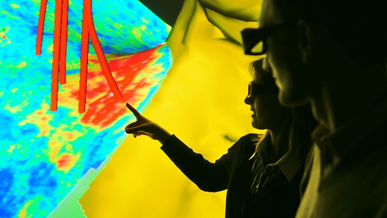 Seismic image displaying well trajectories showing how different sources of subsurface data can be integrated