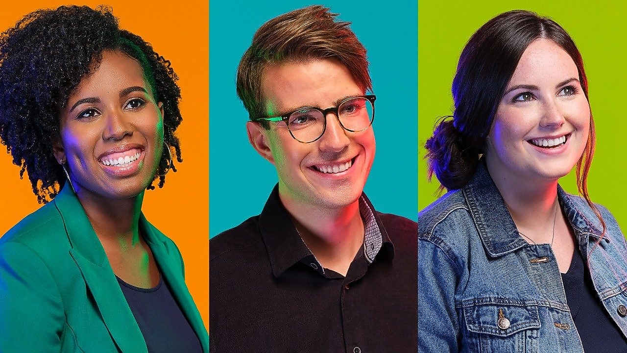 Young female with blonde hair, with a mosaic of images surrounding her.