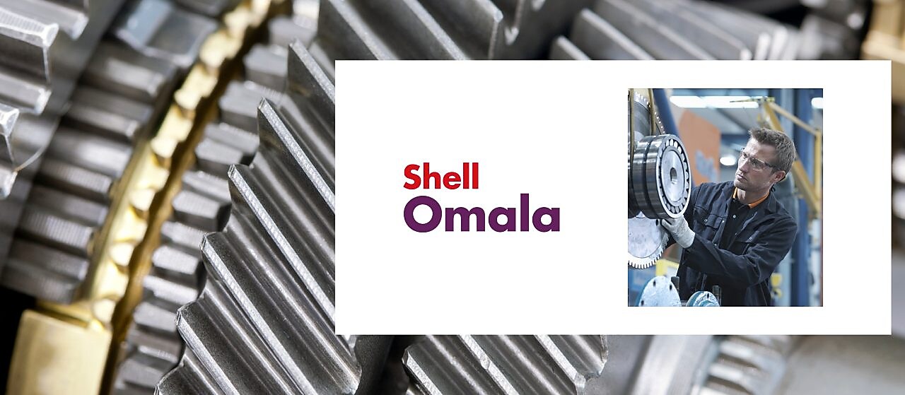 Gear with a man checking a gear and the Shell Omala logo over it