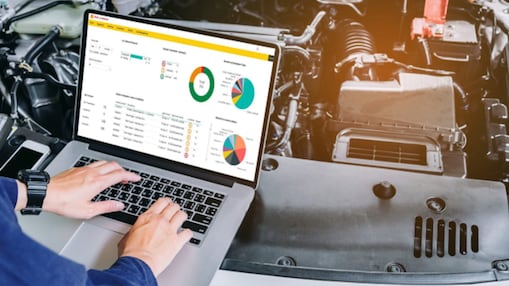 A red and white truck driving towards each other