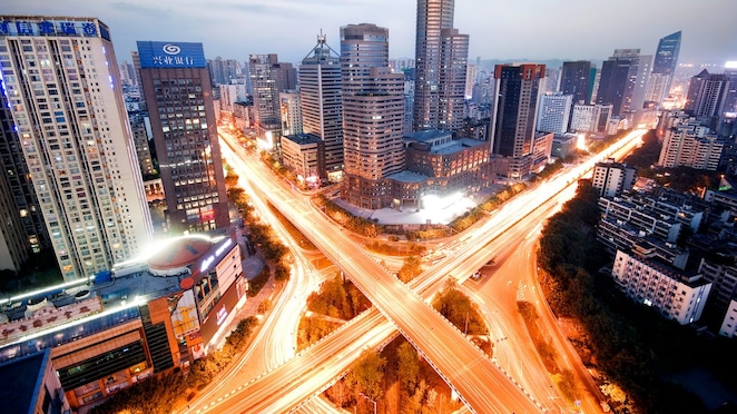 Downtown high rise towers lit up at twilight