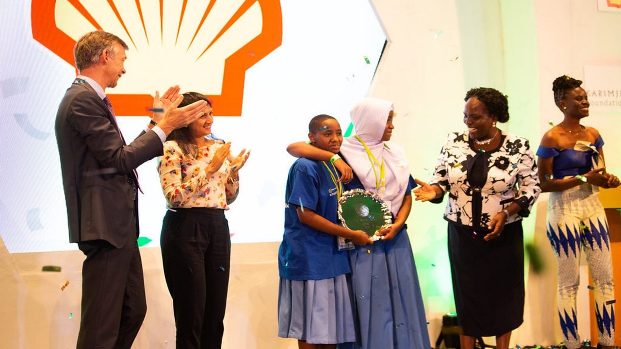 The Minister for Education, Science, Technology and Vocational Training (second from right) congratulating the YST winners for 2018