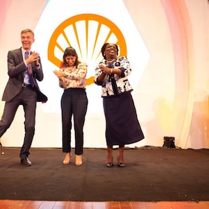 Shell Tanzania Managing Director, Marc den together with Representative from Karimjee foundation and the Minister for Education, Science, Technology and Vocational Training celebrating after the announce of the 2018 YST winners.