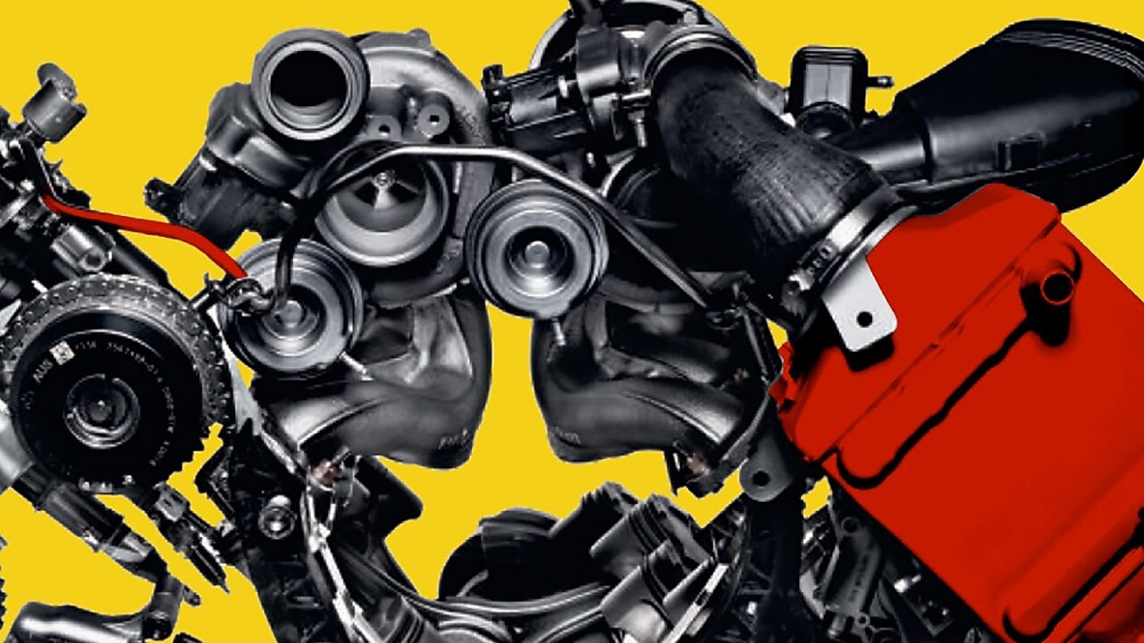 Picture of a car engine, on a yellow background